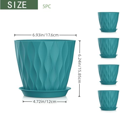 7 Inch Plant Pots 5 Pack, Flower Planters with Drainage Holes and Trays,Plastic Pots for Indoor Outdoor Plants,Green - Image 2