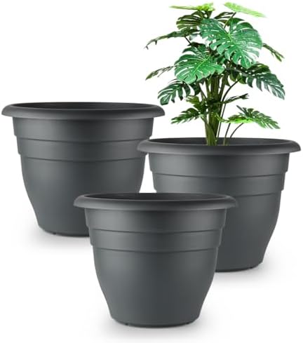 RooTrimmer 12 Inch Plant Pots, Large Planters for Outdoor Plants, Plastic Flower Pots - Durable and Lightweight with Drainage Holes (3 Packs, Gray) by RooTrimmer
