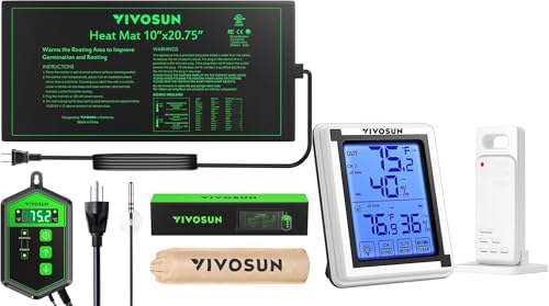 VIVOSUN 10"x20.75" Seedling Heat Mat and Digital Thermostat Combo Set MET Standard & Digital Hygrometer Indoor Outdoor Thermometer Humidity Monitor for Germination, Indoor Gardening, Greenhouse by VIVOSUN