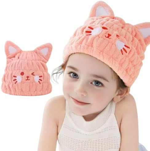 Microfiber Hair Towel Wrap for Kids, Pink Cat Toddler Quick Drying Cap by LCBD