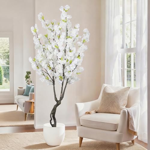 6.23ft Tall White Artificial Cherry Blossom Trees, Realistic Flower Faux Silk Leaves Plant, Fake Cherry Blossom Tree for Home Office Indoor Outdoor Party Wedding Christmas Decor - Image 2