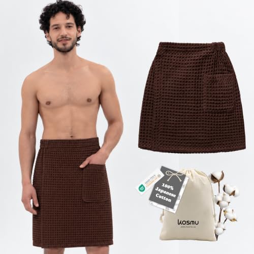 Luxury Organic Japanese Cotton Waffle Body Towel Wrap for Men | Sauna, Spa, Onsen, Shower Towel with Adjustable Snap Closure and Pocket | Ultra Plush 450 GSM (Dark Cocoa, L/XL) by KOSMU
