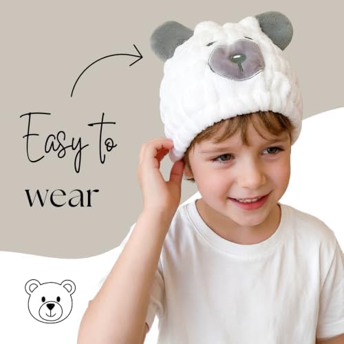 Microfiber Hair Towel Wrap for Kids, White Bear Toddler Quick Dry Cap - Image 2