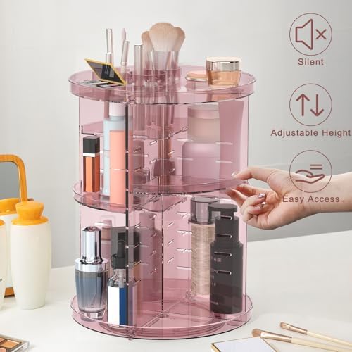Rotating Makeup Organizer, DIY 8 Adjustable Layers Spinning Skincare Storage, Cosmetic Display Case with Brush Holder and Perfume Tray, Multi-Function Vanity Bathroom Countertop Organizer Clear Pink - Image 3