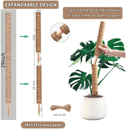 Moss Pole, 2 Pack 17 Inch Monstera Plant Support for Climbing Plants Accessories Indoor, Stackable Moss Poles Plant Support Stakes, Coir Plant Pole Sticks for Potted Plants, Pothos, Philodendron - Image 2