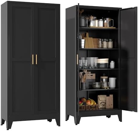 YAUWOH 71''Metal Cabinet with 4 Adjustable Shelves,5-Tier Pantry Storage Cabinet,Kitchen Pantry Cabinet for Living Room,Dining Room, (1PC,Black) by YAUWOHFactoryOutletsColorfulMetalFurniture