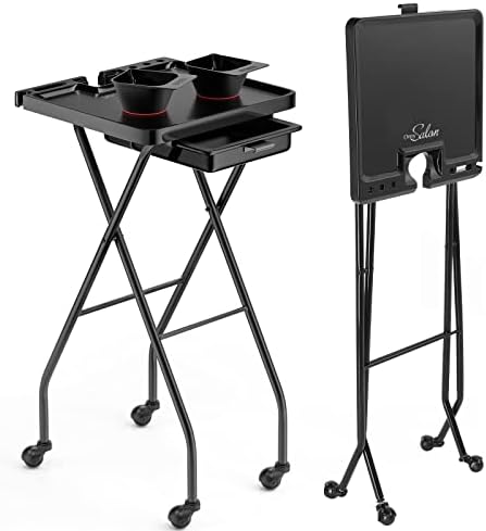 OmySalon Salon Trolley Cart with Wheels 2 Color Bowls 1 Drawer, Folding Salon Service Tray Color Cart for Hair Stylist, Beauty Styling Tattoo Barber Shop Tools Storage Organizer by OmySalon