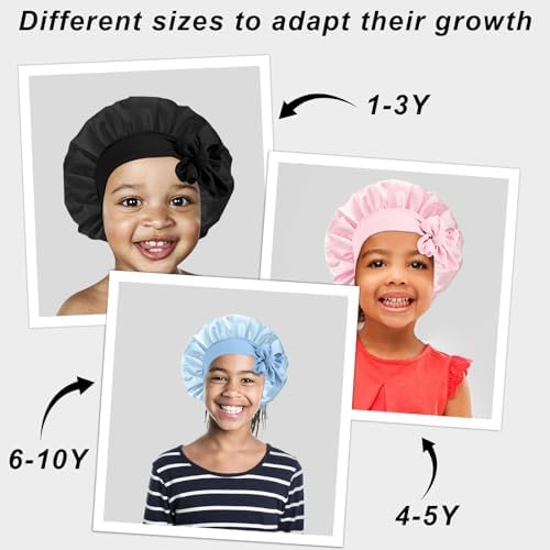 3 Pcs Kids Silk Bonnet for Sleeping - Baby Satin Bonnet for Sleep,Kids Hair Bonnets for Curly Hair Girls Boys with Wide Elastic Band,Sleeping Cap for Teens Toddler Child (Pink+Black+Light Blue) - Image 6