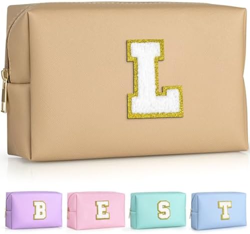 TOPEAST Personalized Birthday Gifts for Women, Preppy Patch Makeup Bag, Chenille Letter Pouch Cosmetic Bag, Travel Organizer, Gifts for Friends, Cute Stuff for Women (Khaki L) by TOPEAST