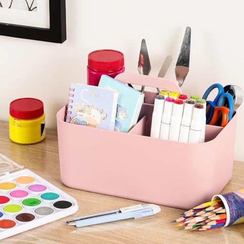 Multiuse Caddy Organizer with Handle, Portable Divided Plastic Tote Bin - Art Craft, Stationary Pen Marker Crayons, Makeup Hair Supplies Storage - Bathroom, Classroom, Dorm, Office, Desk Holder - Pink - Image 4