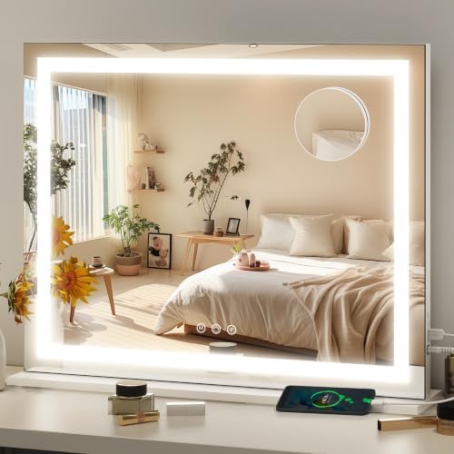 FENNIO 23" x 18" Vanity Mirror with Lights，LED Makeup Mirror，Hollywood Mirror with 3 Color Modes & Adjustable Brightness，Vanity Mirror Square White by FENNIOLEDMIRRORS
