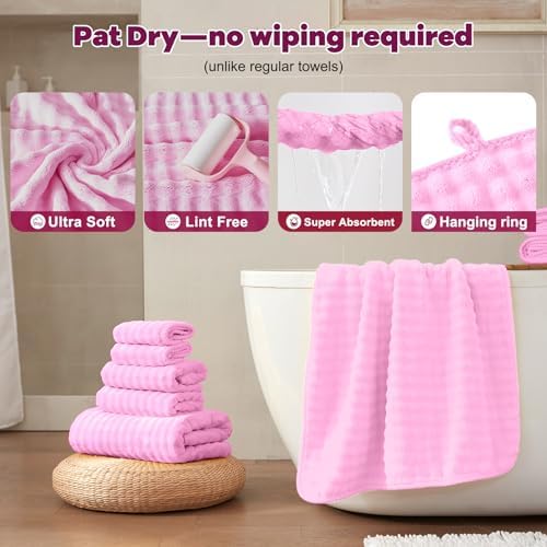COZYART Lint Free 8 Pcs Bathroom Towels Set Ultra Soft Microfiber Pink - Image 5