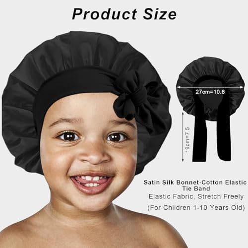 3 Pcs Kids Silk Bonnet for Sleeping - Baby Satin Bonnet for Sleep,Kids Hair Bonnets for Curly Hair Girls Boys with Wide Elastic Band,Sleeping Cap for Teens Toddler Child (Pink+Black+Light Blue) - Image 2