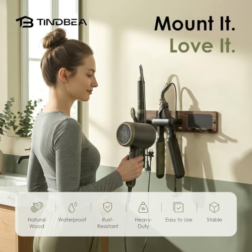 Tindbea Upgraded Walnut Hair Dryer Holder Wall Mounted,3-in-1 Hair Tool Organizer for Blow Dryer, Curling iron, and Straightener, Blow Dryer Holder for Bathroom, Vanity, Matte Black - Image 2