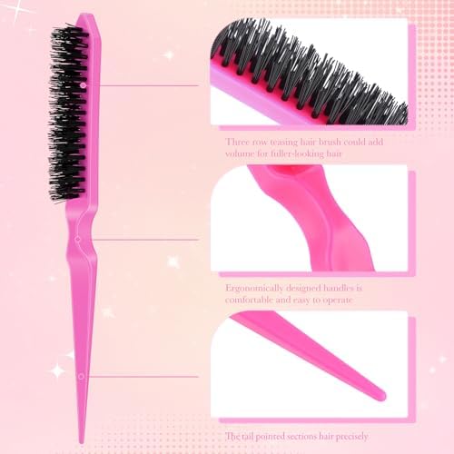 Yaomiao 6 Pcs Teasing Brush Set, 3 Row Nylon Rat Tail Combs for Fine Hair, Back Combing, Root Lifting, Scalp Massage, Hair Brushes for Women Salon Home Use(Pink) - Image 3