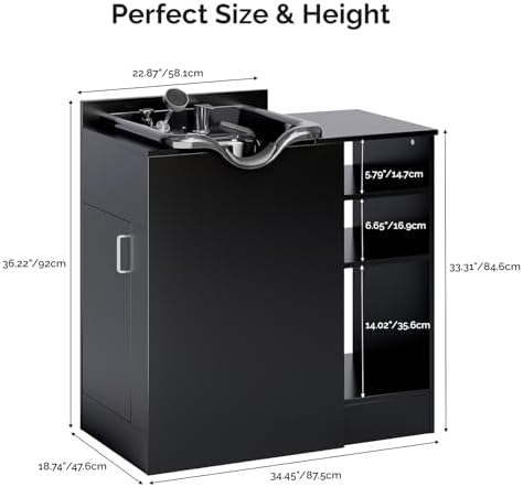 OmySalon Salon Station, Shampoo Bowl with Cabinet, Freestanding Backwash Sink with Adjustable Shelf, UPC Certified Faucet, for Spa Beauty, Barber, Home, Black - Image 2