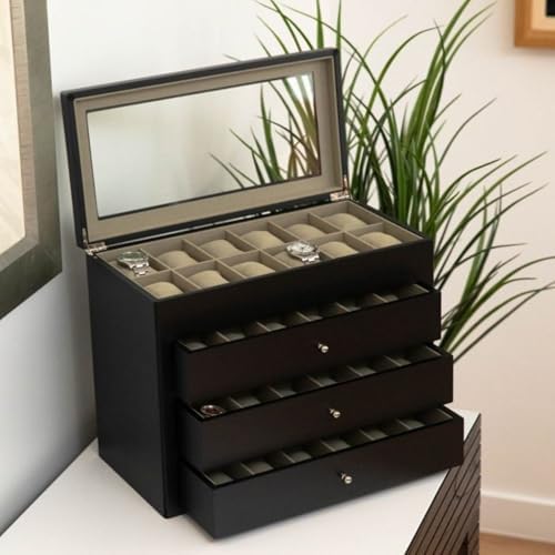 Bey-Berk Stanley 48 Slot Watch Box (Black), Matte Wood Watch Storage Chest with Glass Top, 3 Drawers & Velour-Lined Cushions - Image 4