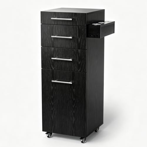 OmySalon Salon Cart with Wheels, Hair Styling Station Trolley with 3 Drawers, Adjustable Shelf & Hair Dryer Holder, Mobile Beauty Cabinet for Barber, Spa, Nail Salon, Black Oak by OmySalon