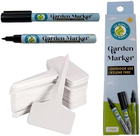 T-Type Plastic Plant Labels for Seedlings Combo | Water & Weather Resistant Garden Stakes, 100-Pack Plant Tags, and 2 Garden Marker Pens by 133+SUPPLY