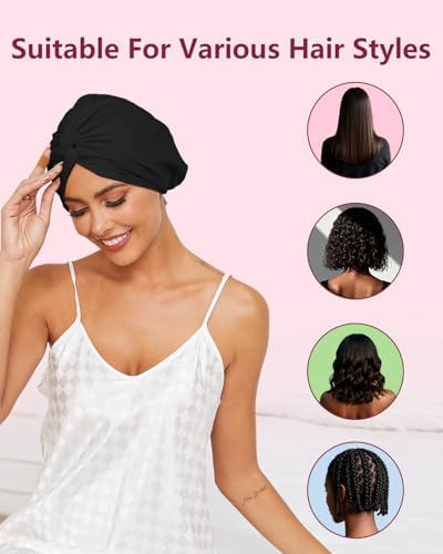 HFRHTGY Adjustable Silk Satin Hair Bonnet for Sleeping, Double Layer Hair Wrap Sleep Cap Turban for Women Men, Curly Straight Braid Unisex (Royal Black) - Image 6