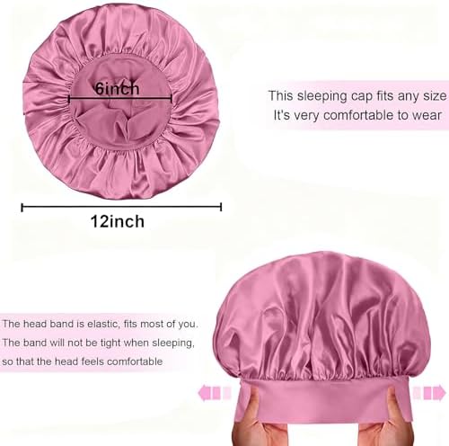 4Pcs Silk Satin Bonnets for Sleeping - Elastic Wide Band Wrap for Black Women Men,Silk Bonnets for Curly Hair Cap for Sleeping (Bean Paste Pink & Black & Purple & Brown) - Image 7