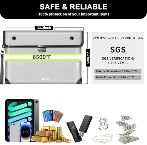Fireproof Document Bag with Lock Water Resistant Zipper,6200°F Heat Insulated Fire Proof Pouch with Soft Leather Hand Strap,Fire Envelope for Cash,Documents,Jewelry（Not Suitable for A4 Files） - Image 5