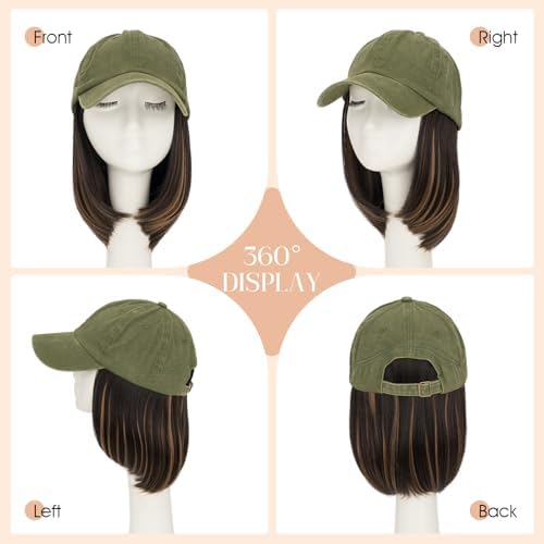Rich Choices Hat Wigs for Women,Olive Green Baseball Cap with Hair Extensions for Women,Short Bob Hairstyle Caps with Hair Attached Adjustable Baseball Cap Wig 6 Inch Highlighted Dark Brown Hair - Image 4