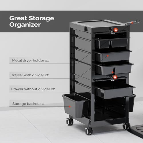 OmySalon Salon Trolley Cart, Hair Stylist Station with 2 Lockable Doors, Rolling Hair Cart Organizer with Drawers & Bucket & Dryer Holder, Barber Shop Hairdressing Beauty Tattoo Versatile Equipment - Image 4