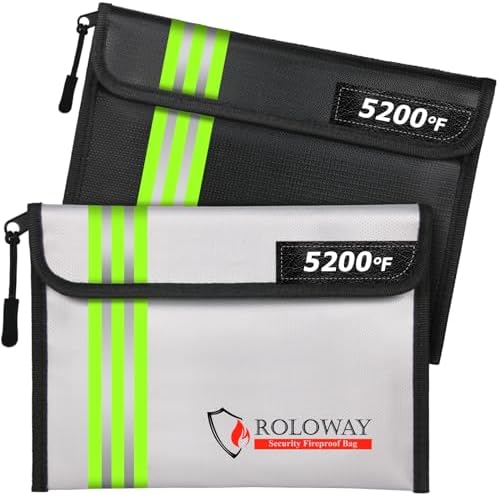 ROLOWAY Fireproof Bag (9.6 x 6.6 inches) 5200℉ Heat Insulated with Reflective Strip, Fireproof Money Bag with Zipper for Cash (2-Pack) by ROLOWAY