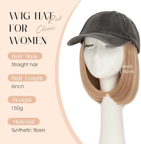Rich Choices Hat Wigs for Women,Dark Gray Baseball Cap with Hair Extensions for Women,Short Bob Hairstyle Caps with Synthetic Hair Attached Adjustable Baseball Cap Wig 6 Inch Light Blonde Hair - Image 2