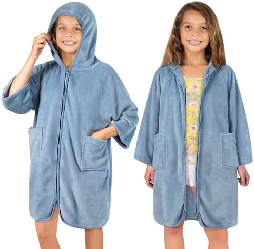SUN CUBE Kids Hooded Towel Robe, Zip-Up Fleece Swim Cover Up, Ages 7-12 by SUNCUBE