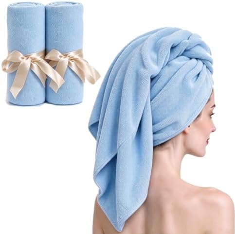 Super Absorbent Anti-Frizz Microfiber Hair Towel Hair Wrap Curly Hair Drying Towel 23.6''x47'' Large Multifunction Towel for Bath Spa Makeup, Light Blue 2 Pack by TANCANO