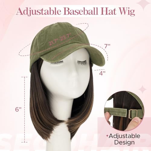 SEGO Unisex Vintage Baseball Cap with Hair Extensions for Women Synthetic Hair Attached Hairpiece Olive Green Baseball Cap Wig Adjustable Hat Wigs for Women 6 Inch 10P22T Medium Brown Mix Dark Blonde - Image 3