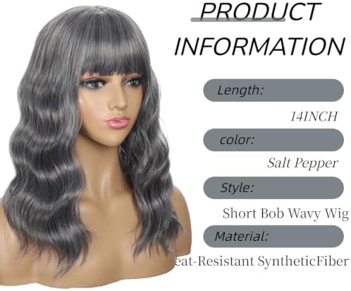 Sebast Pastel Bob Wigs with Bangs for Women Loose Wavy Wig Pastel Wavy Shoulder Length Bob Synthetic Cosplay Wig for Girl Colorful Costume Wigs (Salt Pepper) - Image 2