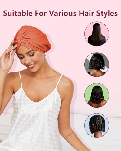 HFRHTGY Adjustable Silk Satin Hair Bonnet for Sleeping, Double Layer Hair Wrap Sleep Cap Turban for Women Men, Curly Straight Braid Unisex (Tangerine Orange 58) - Image 6
