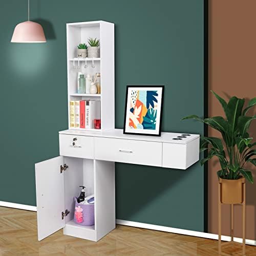 OmySalon Wall Mount Barber Stations, Salon Stations for Hair Stylist, Hair Styling Equipement Set with a Storage Cabinet, 2 Drawers and a 3 Tier Shelf (White) - Image 2