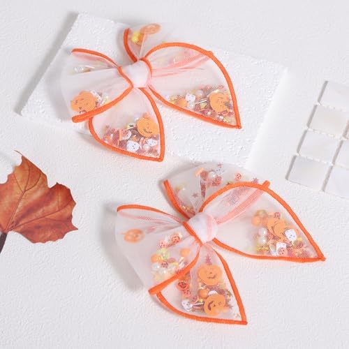 4" Halloween Shaker Bows Hair Clips for Girls Kids Orange Mesh Tulle Fable Hair Bow Ghost Pumpkin Alligator Hairpins Women Teen Toddler Dress Costume Decor Accessory 2pc Gift Set - Image 2