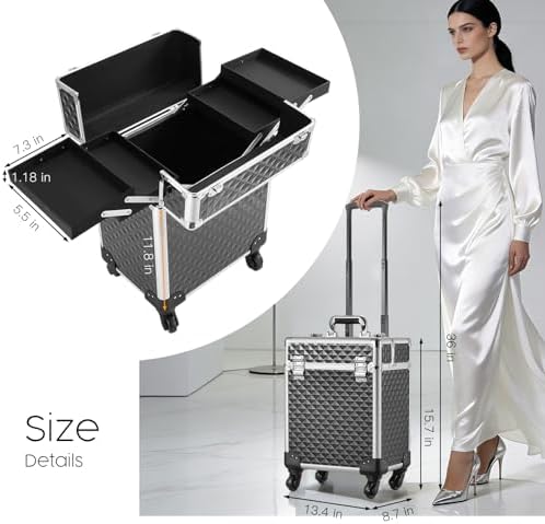 Rolling Makeup Train Case Large Cosmetic Trolley Organized Aluminum Barber Case for Hairstylist Makeup Nail Tech Salon with Keys Swivel Wheels Traveling Cart Trunk - Black - Image 6