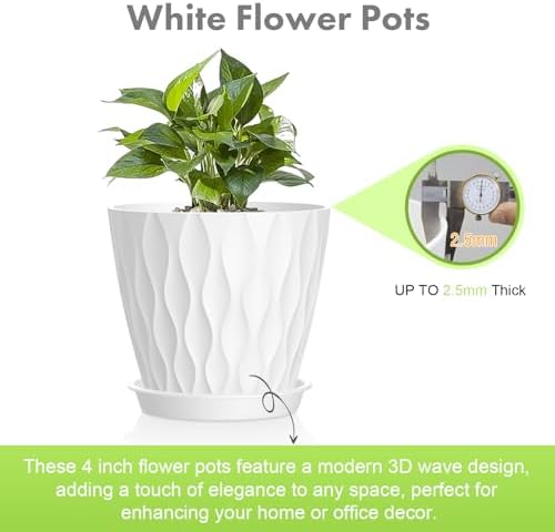 Meowell 4 inch Small Plastic Nursery Pots, 5 Pack Water Ripples Plant Pots for Indoor Plants, Flower Pots with Drainage Holes and Saucers, Seedling Starter Planters for Succulent Plants, White - Image 3