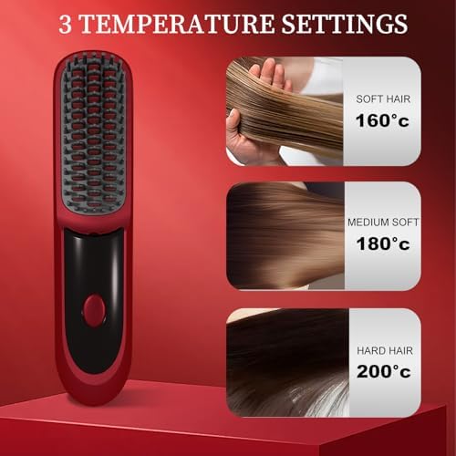 Go Brush Pro for Short Hair 2026, Portable Straightener Brushs for Travel, with LCD Temperature Display, Fast Heating Cordless Mini Hair Brushs(Red) - Image 3