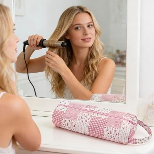 RSRSLEII Quilted Hair Tools Travel Bag, Portable&Foldable, Pink Checks - Image 6
