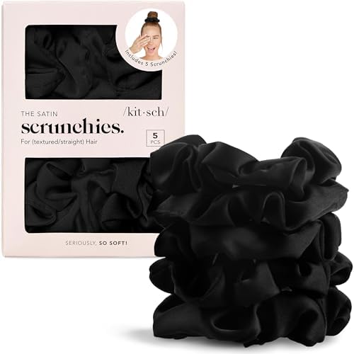 Kitsch Satin Scrunchies for Women | For All Hair Types - Black, 5pcs by Kitsch