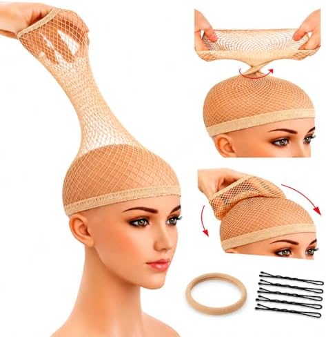 Wig Cap for Long Hair, 2 Large Mesh Hair Nets, Light Brown, 8 Pc Set by VAYLI