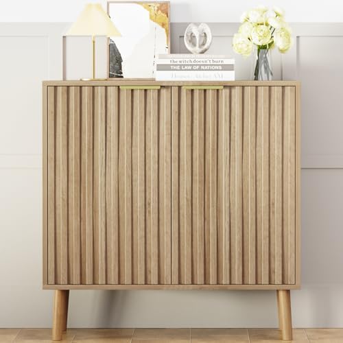 Vrullu Fluted Storage Cabinet, Free Standing Buffet, Wood Sideboard, Multifunctional Accent Storage for Living Room, Hallway, Entryway, Dining Room (1, Oak) - Image 7