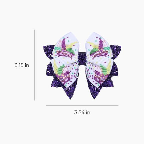 Mardi Gras Holiday Hair Bows for Girls, 3.5in Glitter Purple Sequins Ribbon Costume Bow Alligator Clips for Toddlers Teens Women Fat Tuesday Carnival Parade Accessories Gift Set 2 - Image 7