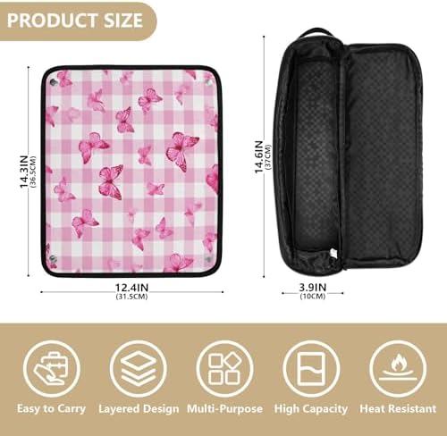 Hair Tools Travel Bag with Heat Resistant Mat Detachable 2-in-1 Curling Iron Travel Case Hot Tools Organizer for Straightener Flat Iron Checkered Pink and White Butterflies - Image 4