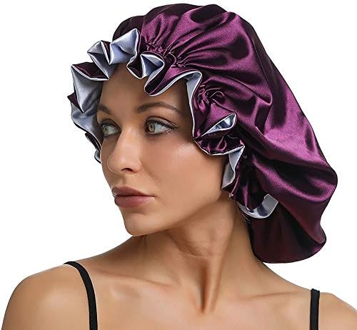 SENGTERM Women Large Satin Bonnet Adjustable Silky Sleep Cap Hair Bonnet Double Layered Reversible for Curly,Natural Hair (XL-ADULT, XL Purple-Lilac) by SENGTERM