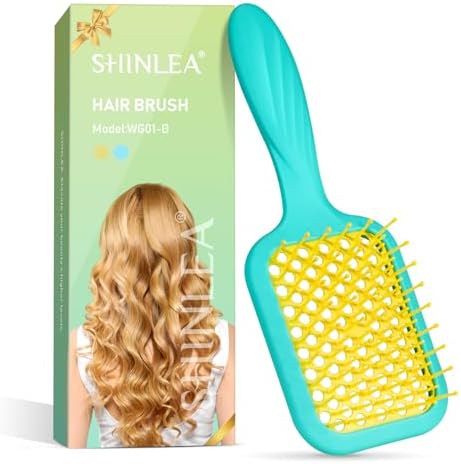 SHINLEA Vented Detangler Brush for Curly Thick Hair, Women Hairbrush with Soft Wave-Shaped Bristles, Curl Detangling Brush for Swimming Beach, Yellow and Blue by SHINLEA