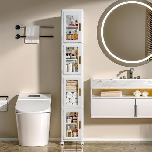 VECELO 4 Tier Tall Plastic Slim Storage Cabinet with Lockable Wheels, Adjustable Shelves, Anti-Tip for Bathroom, Living Room, Laundry Room, Kitchen, Narrow/Small Space, Easy Assembly, Clear - Image 4