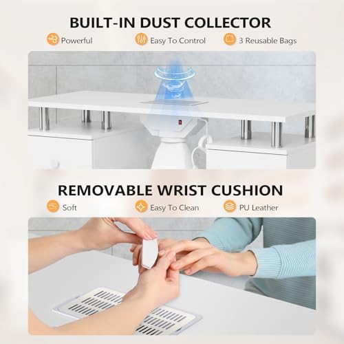 OmySalon Nail Desk and Chair Set, with Stool, Dust Collector, Arm Rest & Wheels, Acetone Resistant Desktop, Manicure Table Nail Table Station for Nail Tech w/Drawers Storage (White) - Image 4